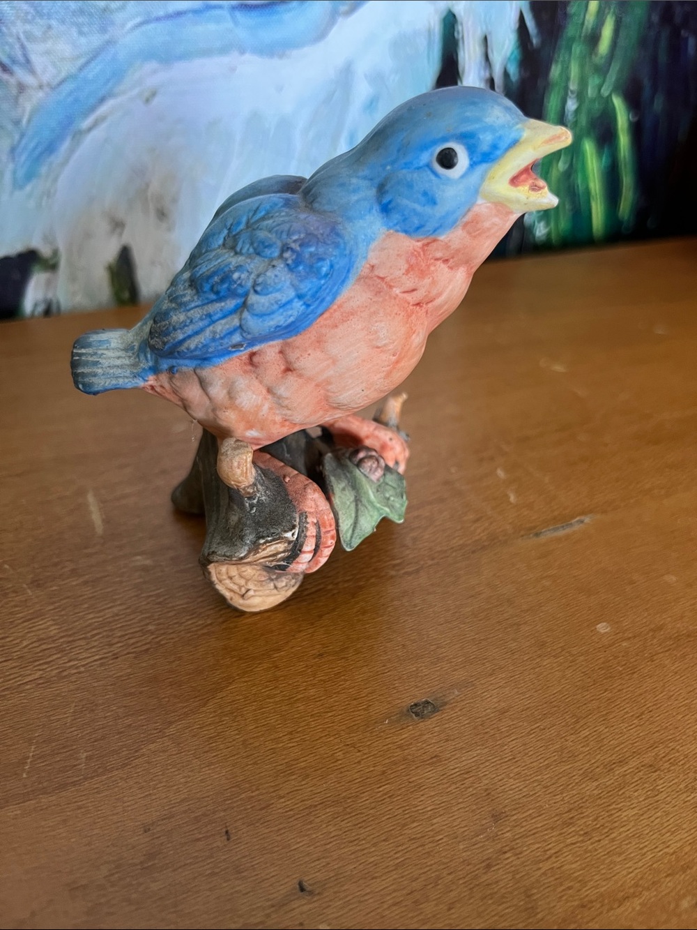 Vintage Hand-Painted Ceramic Blue and Pink Bird Figurine